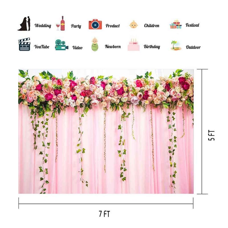 EOA 7(W) x5(H) FT Pink Curtain Floral Photography Backdrop Wedding Bridal Girl Baby Shower Background - Great for Birthday, Studio, Booth, Party, Events, Portrait Use Photoshoot Props - Image 2